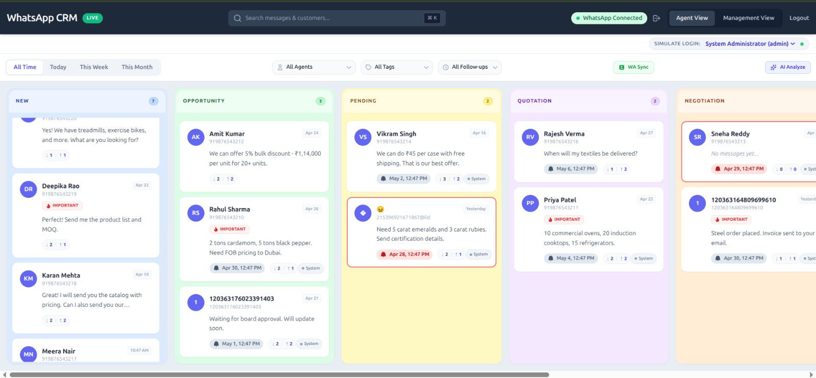 WhatsApp CRM Agent View showing kanban columns New 6 Opportunity 0 Pending 0 Quotation 0 Negotiation with leads Suresh Deepika Karan and active chat with Deepika Rao asking about organic skincare products with reply about complete range