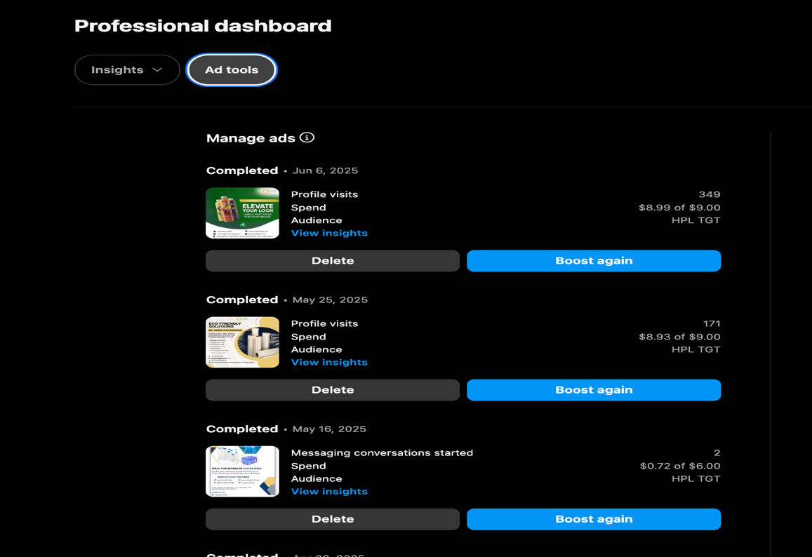 Instagram Manage Ads first batch June 6 May 25 May 16 2025 showing profile visits and spend